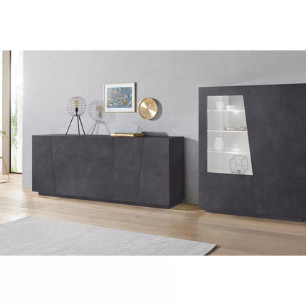 UNICORN Sideboard wall unit modern high-gloss white cement look dark gray with glass Width 146 cm Length 120 cm Depth 43 cm