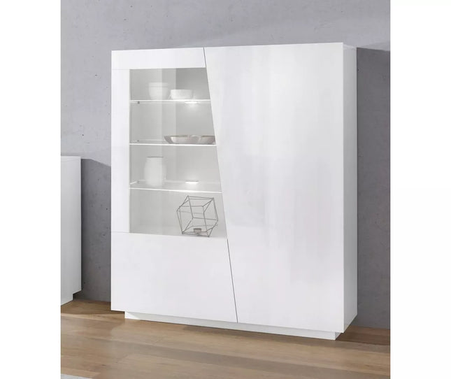 UNICORN Sideboard wall unit modern high-gloss white cement look dark gray with glass Width 146 cm Length 120 cm Depth 43 cm