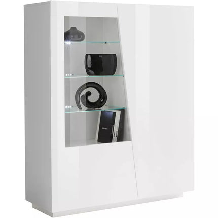 UNICORN Sideboard wall unit modern high-gloss white cement look dark gray with glass Width 146 cm Length 120 cm Depth 43 cm