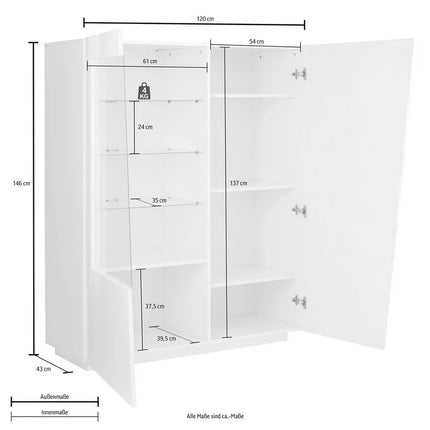 UNICORN Sideboard wall unit modern high-gloss white cement look dark gray with glass Width 146 cm Length 120 cm Depth 43 cm