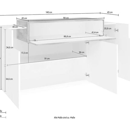 UNICORN Sideboard wall unit modern white brown black Width 140 cm Depth 45 cm Height 86 cm
