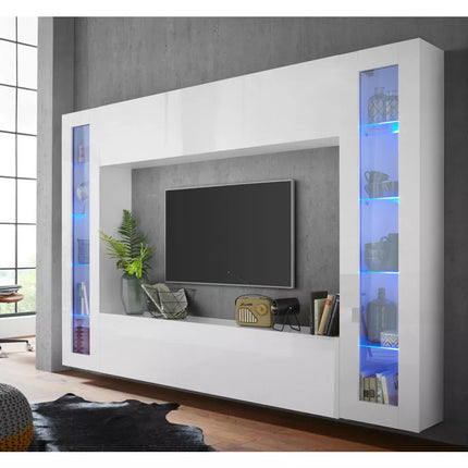 UNICORN TV furniture wall unit high-gloss white with mood lighting Width 260 cm Depth 30 cm Height 180 cm