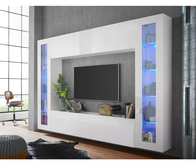 UNICORN TV furniture wall unit high-gloss white with mood lighting Width 260 cm Depth 30 cm Height 180 cm