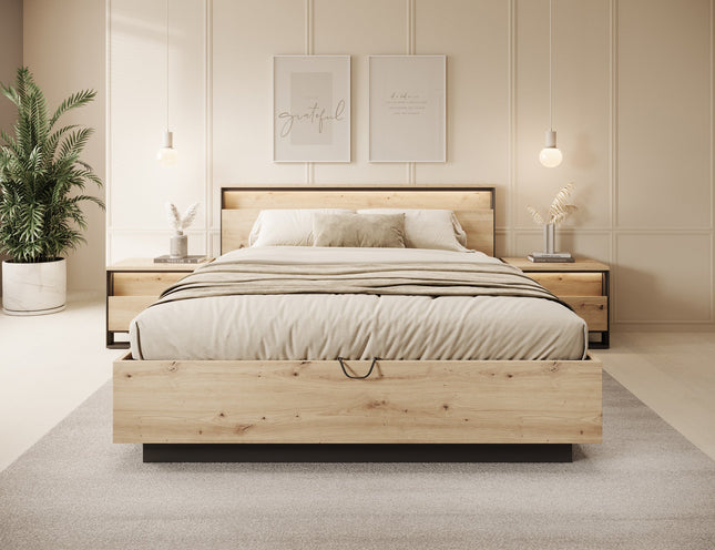 UNICORN Quarry Double Bed  Oak - 160x200 cm  With gas lift