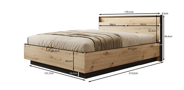 UNICORN Quarry Double Bed  Oak - 160x200 cm  With gas lift