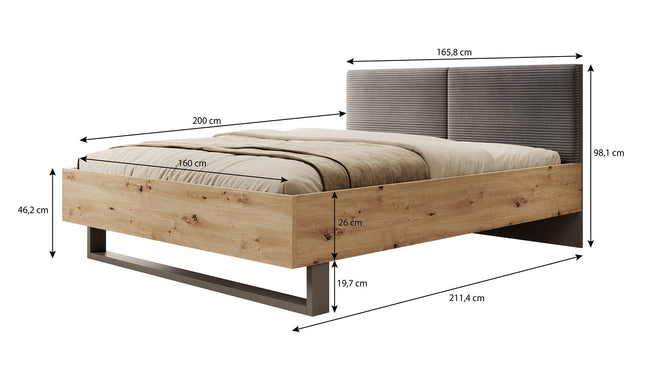 UNICORN Roma Double Bed - Grey - Oak - 160x200 cm