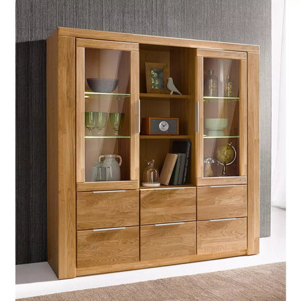 UNICORN Dresser wall unit country solid light brown brown with glass Width 140 cm Depth 40 cm Height 145 cm
