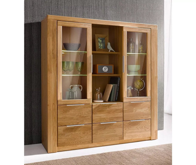 UNICORN Dresser wall unit country solid light brown brown with glass Width 140 cm Depth 40 cm Height 145 cm