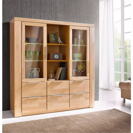 UNICORN Dresser wall unit country solid light brown brown with glass Width 140 cm Depth 40 cm Height 145 cm
