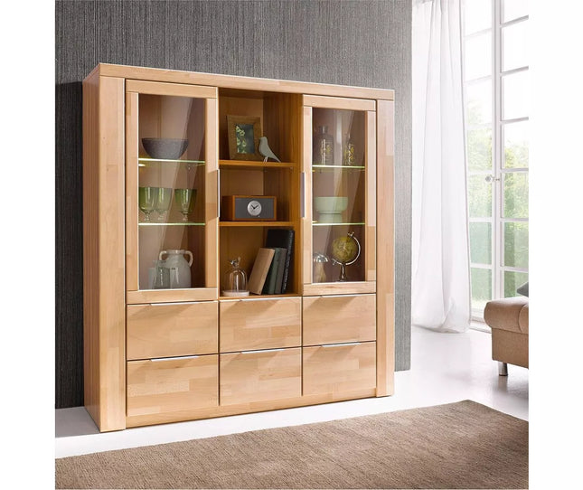 UNICORN Dresser wall unit country solid light brown brown with glass Width 140 cm Depth 40 cm Height 145 cm