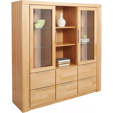 UNICORN Dresser wall unit country solid light brown brown with glass Width 140 cm Depth 40 cm Height 145 cm