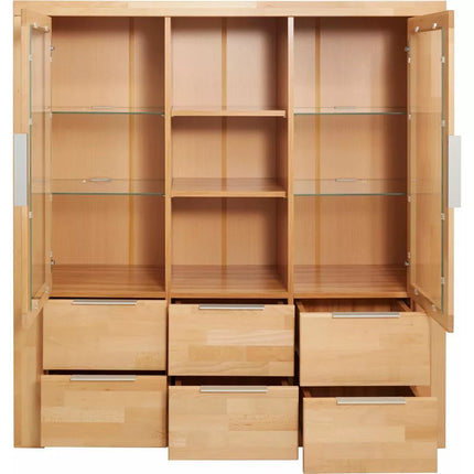 UNICORN Dresser wall unit country solid light brown brown with glass Width 140 cm Depth 40 cm Height 145 cm