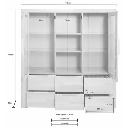 UNICORN Dresser wall unit country solid light brown brown with glass Width 140 cm Depth 40 cm Height 145 cm